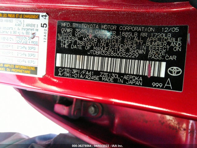 2006 TOYOTA COROLLA CE/LE VIN: JTDBR32E860062229