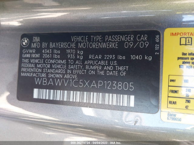 2010 BMW 3 SERIES 328I VIN: WBAWV1C5XAP123805