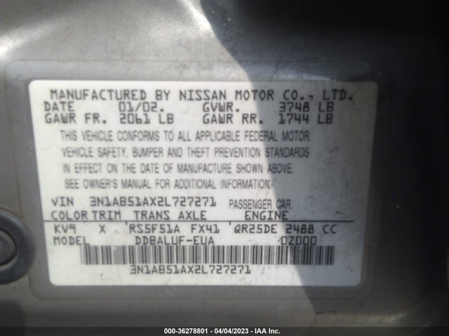 2002 NISSAN SENTRA SE-R VIN: 3N1AB51AX2L727271