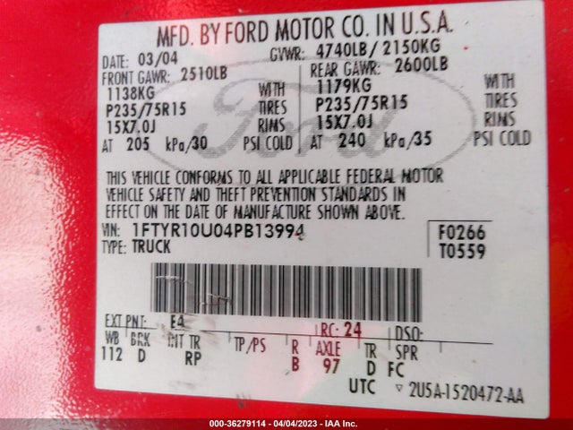 2004 FORD RANGER XL/XLT/EDGE VIN: 1FTYR10U04PB13994