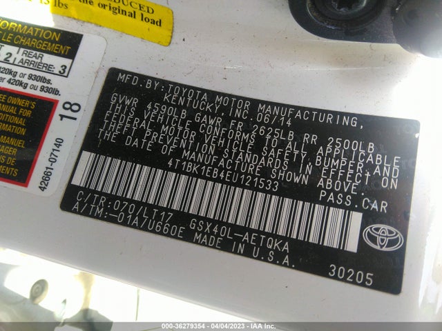 2014 TOYOTA AVALON XLE VIN: 4T1BK1EB4EU121533