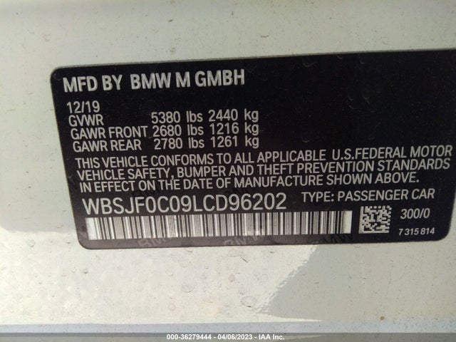 2020 BMW M5, VIN: WBSJF0C09LCD96202