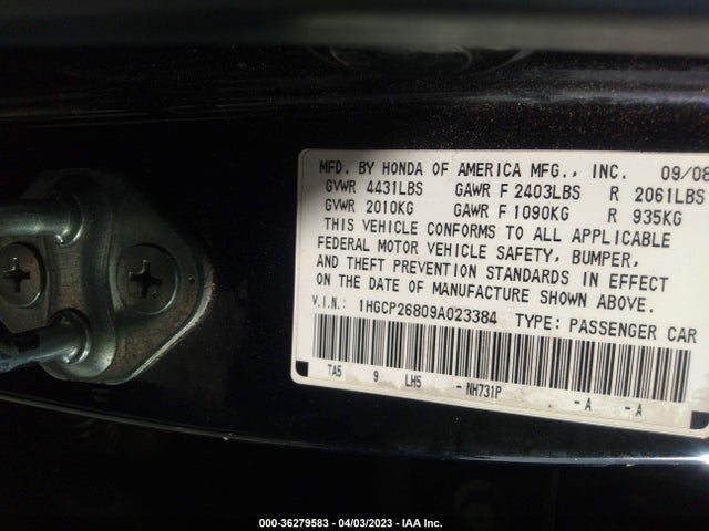 2009 HONDA ACCORD SDN EX-L VIN: 1HGCP26809A023384