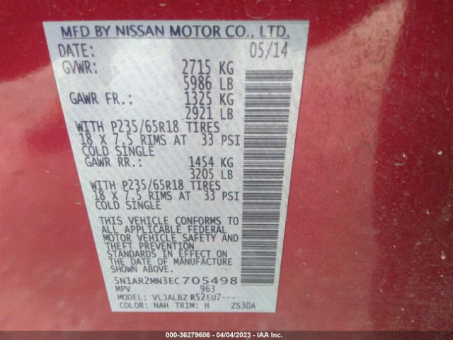5N1AR2MN3EC705498 Nissan Pathfinder S