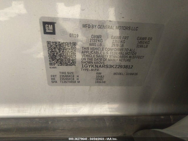 1GYKNARS3KZ293812 Cadillac Xt5 Fwd