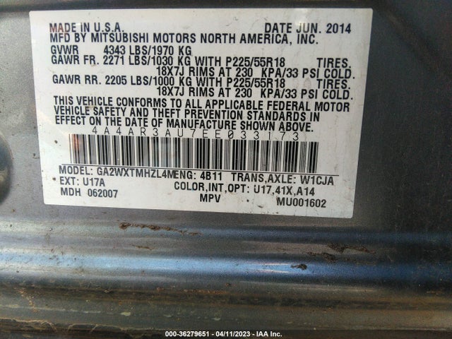 4A4AR3AU7EE033173 Mitsubishi Outlander Sport Es