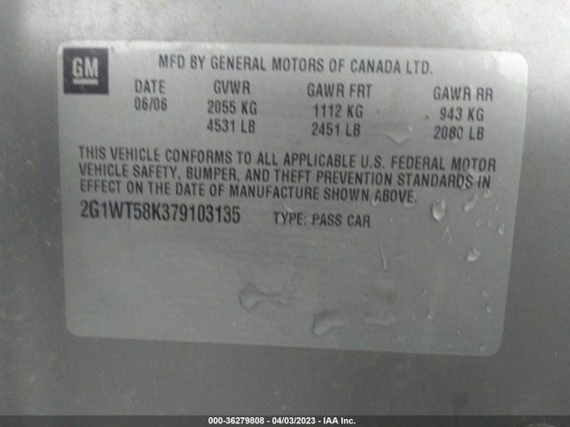 2007 CHEVROLET IMPALA 3.5L LT VIN: 2G1WT58K379103135