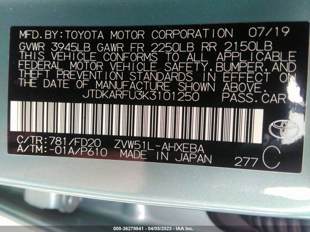 2019 Toyota Prius, VIN: JTDKARFU3K3101250