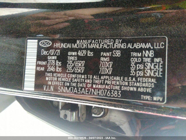 2022 HYUNDAI TUCSON SE VIN: 5NMJA3AE7NH076383