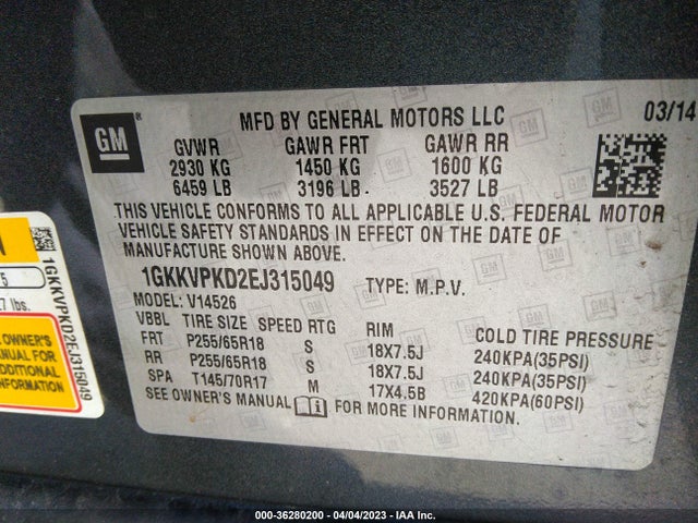 GMC ACADIA SLE 2014 1GKKVPKD2EJ315049 Image 9