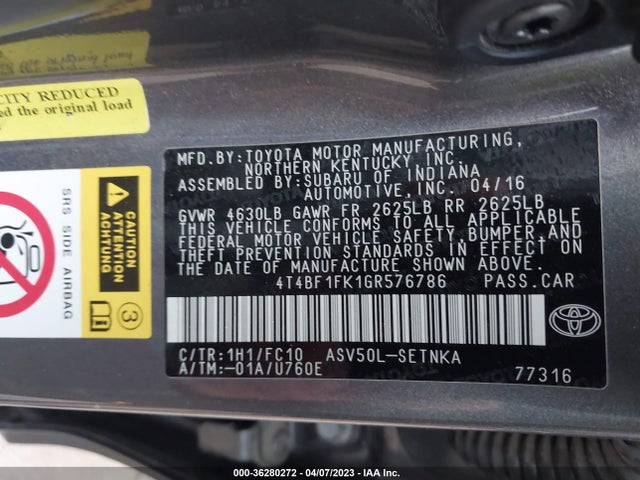 Toyota CAMRY LE 2016 4T4BF1FK1GR576786 Image 9