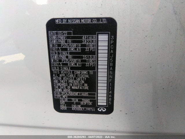 3PCAJ5BA5NF114685 Infiniti Qx50 Luxe