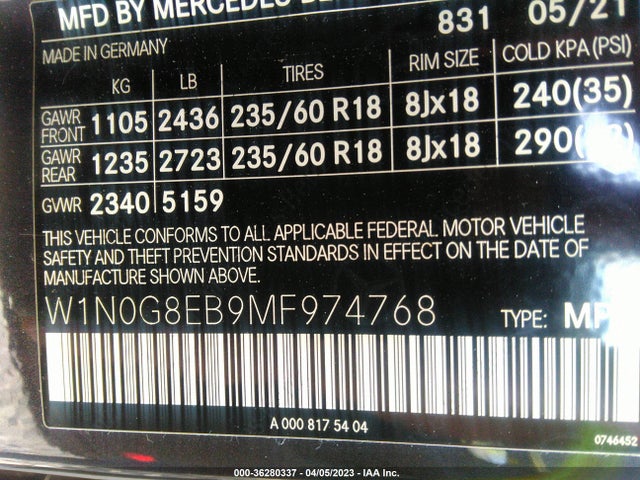 2021 MERCEDES-BENZ GLC GLC 300 VIN: W1N0G8EB9MF974768