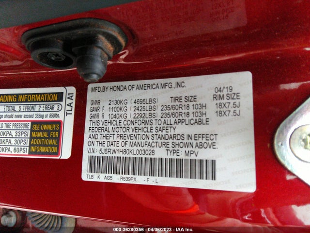 Honda Cr-v Ex-l 2019 5J6RW1H80KL003028 Image 9