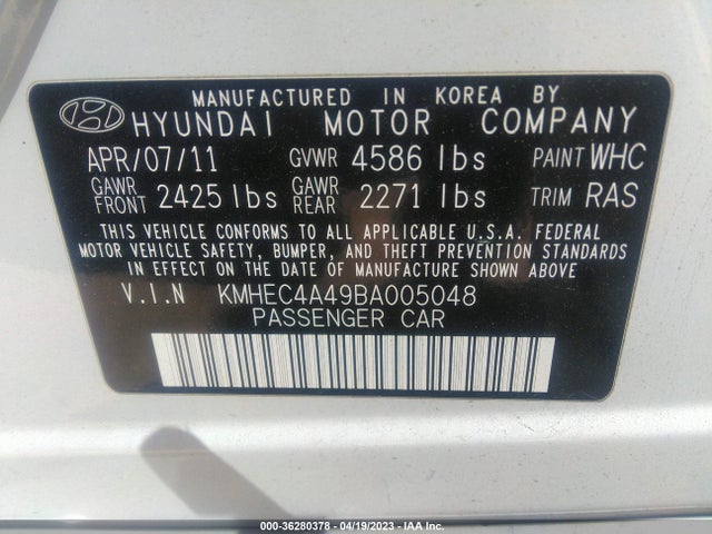 2011 HYUNDAI SONATA HYBRID VIN: KMHEC4A49BA005048