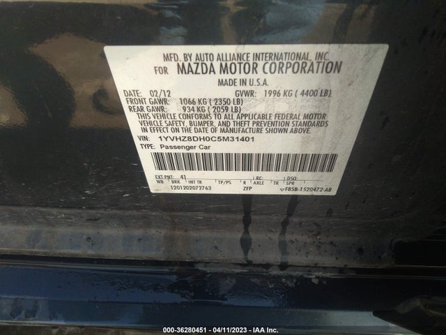 36280451 :رقم المزاد ، 1YVHZ8DH0C5M31401 vin ، 2012 Mazda Mazda6 I Touring مزاد بيع