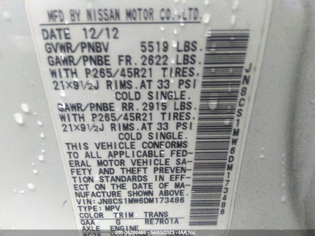 2013 INFINITI FX37 LIMITED EDITION VIN: JN8CS1MW6DM173486