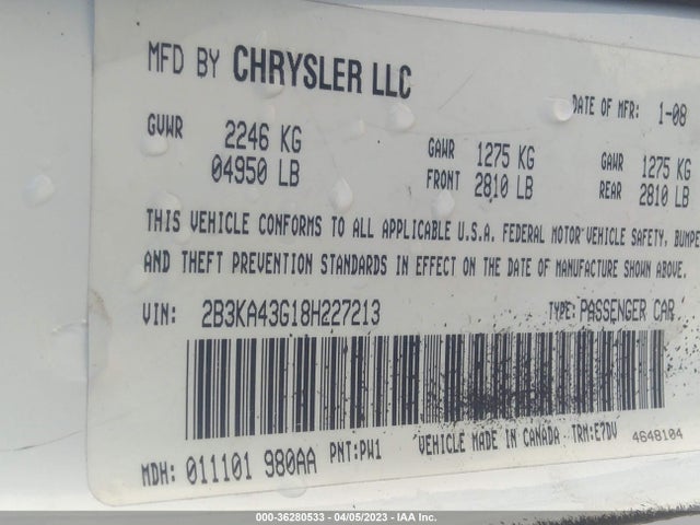 2008 DODGE CHARGER VIN: 2B3KA43G18H227213