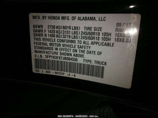 2018 HONDA RIDGELINE BLACK EDITION VIN: 5FPYK3F87JB004536