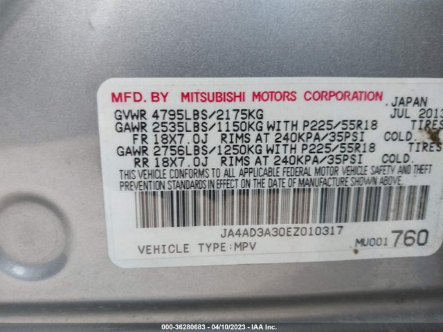 JA4AD3A30EZ010317 Mitsubishi Outlander Se