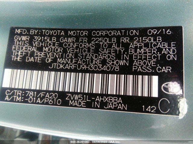 Toyota Prius Two/two Eco/three 2017 JTDKARFU9H3034078 Image 10