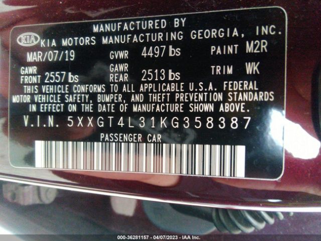5XXGT4L31KG358387 KIA Optima Lx
