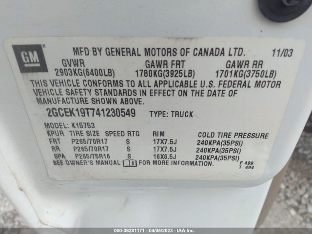 2004 CHEVROLET SILVERADO 1500 Z71 VIN: 2GCEK19T741230549