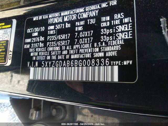 2011 HYUNDAI SANTA FE GLS VIN: 5XYZGDAB6BG008336