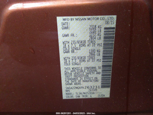 2015 NISSAN MURANO S VIN: 5N1AZ2MGXFN263231