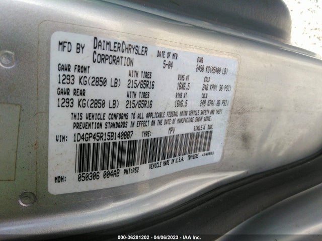 2005 DODGE CARAVAN SXT VIN: 1D4GP45R15B140887