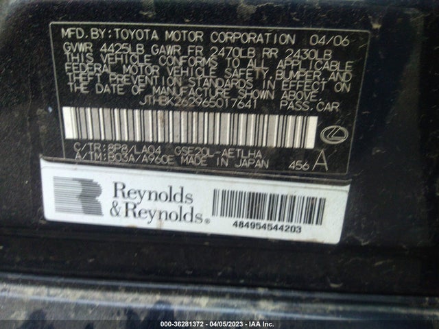 2006 LEXUS IS 250 MANUAL/AUTO VIN: JTHBK262965017641