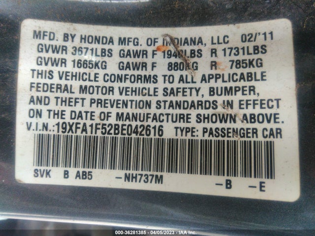 2011 HONDA CIVIC SDN LX VIN: 19XFA1F52BE042616