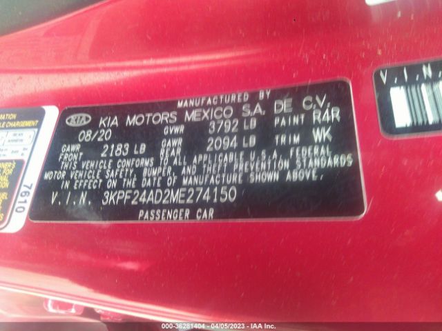 3KPF24AD2ME274150 KIA Forte Lxs