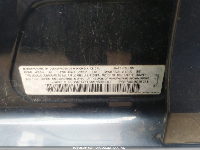 2005 VOLKSWAGEN JETTA SEDAN A5 2.5L VIN: 3VWRG71K65M646107