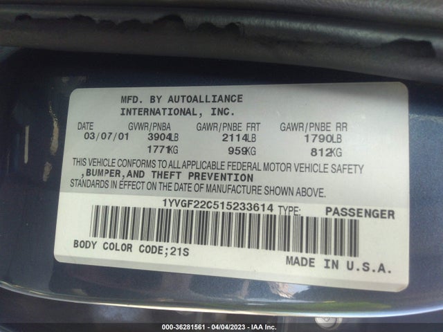 2001 MAZDA 626 LX/ES VIN: 1YVGF22C515233614