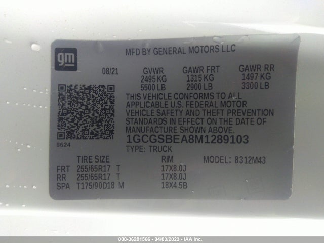 2021 CHEVROLET COLORADO 2WD WORK TRUCK VIN: 1GCGSBEA8M1289103