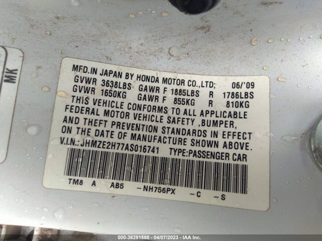 2010 HONDA INSIGHT EX VIN: JHMZE2H77AS016741