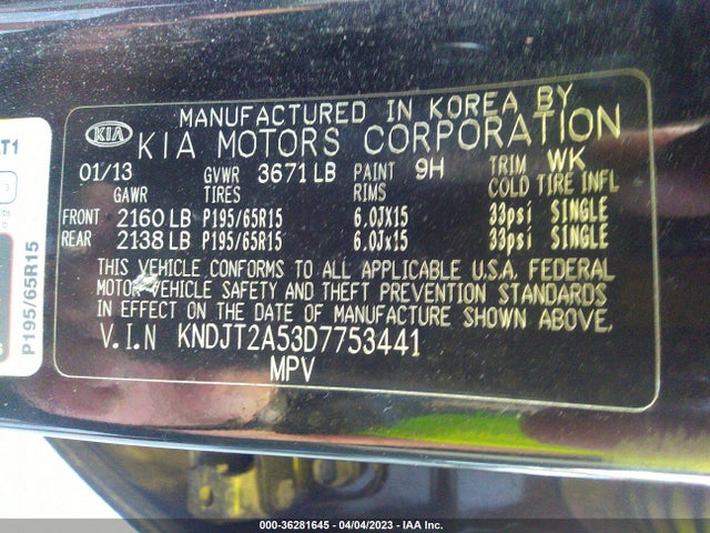 2013 KIA SOUL BASE VIN: KNDJT2A53D7753441