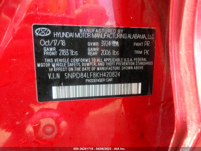 2019 HYUNDAI ELANTRA SEL VIN: 5NPD84LF8KH420824