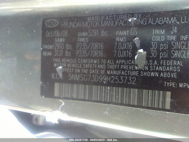 2009 HYUNDAI SANTA FE GLS VIN: 5NMSG73D99H253732