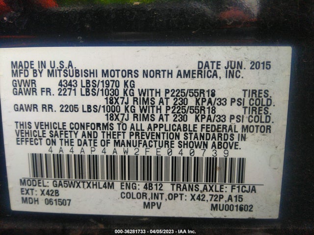 4A4AP4AW2FE040739 Mitsubishi Outlander Sport 2.4 Gt