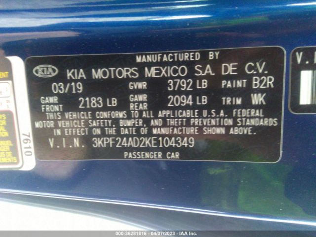 3KPF24AD2KE104349 KIA Forte Lxs