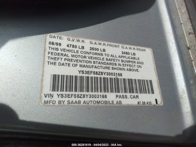 2000 SAAB 9-5 SE VIN: YS3EF58Z8Y3003168