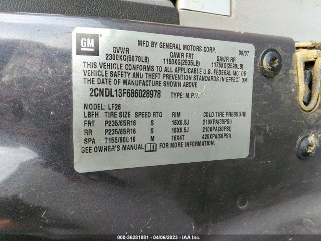 2008 CHEVROLET EQUINOX LS VIN: 2CNDL13F686028978