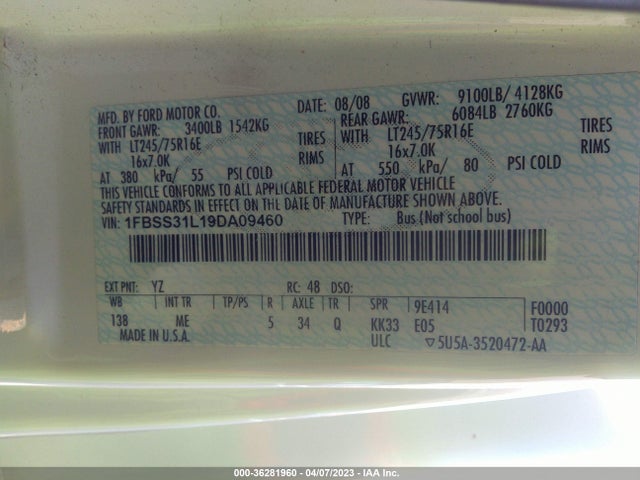 2009 FORD ECONOLINE WAGON XL/XLT VIN: 1FBSS31L19DA09460