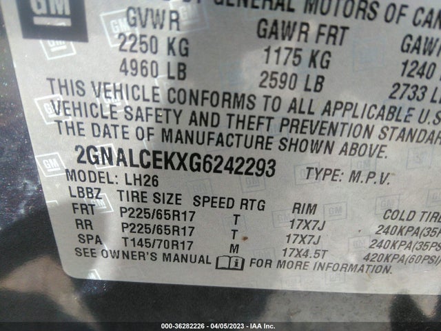 Chevrolet EQUINOX LT 2016 2GNALCEKXG6242293 Image 9