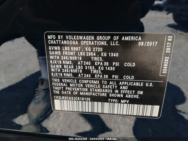 1V2LR2CA3JC519125 Volkswagen Atlas 3.6l V6 Se
