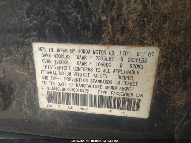 2007 ACURA TSX VIN: JH4CL96857C010472