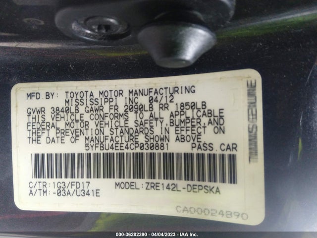 2012 TOYOTA COROLLA L/LE/S VIN: 5YFBU4EE4CP030881