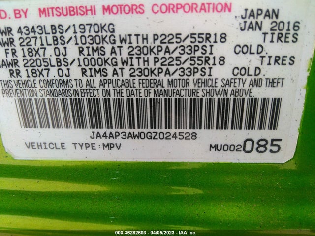 2016 MITSUBISHI OUTLANDER SPORT 2.4 VIN: JA4AP3AW0GZ024528